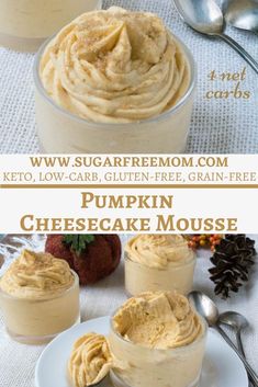 pumpkin cheesecake mousse in small glass dishes with spoons on the side