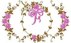 a pink and gold embroidered monogram with flowers in the center on a white background