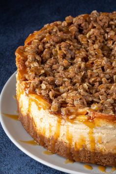 a cheesecake on a white plate with caramel drizzled around it