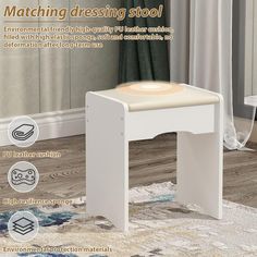 the stool is white and has a light colored seat on it, along with instructions for how to use it