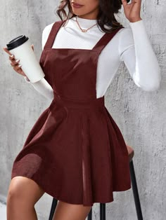 Burgundy Casual Collar Sleeveless Corduroy Plain Pinafore Embellished Non-Stretch Spring/Fall Women Clothing Corduroy Pinafore Dress, Corduroy Overall Dress, American Beauty, Pinafore Dress, Really Cute Outfits, Dress Elegant, Overall Dress, Sleeveless Mini Dress