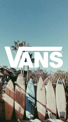 several surfboards are lined up against the wall with words that read vans on it