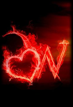 the word love is written in red and black with flames coming out of its heart