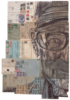 a collage of old postcards with an image of a man's face