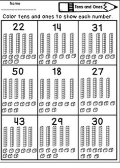 the color tens and ones to show each number in this worksheet for numbers 1 - 10