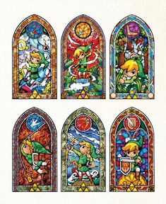 four stained glass windows depicting the legend of zeldas and other characters in different colors