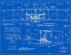 blueprint drawing of an airplane from the early 1900's, with details on it