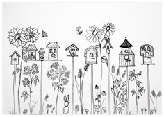 a black and white drawing of houses with flowers in the foreground, butterflies flying over them