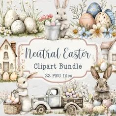 a watercolor easter clipart bundle with bunnies, eggs and other things in the background