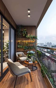 a balcony with two chairs and a table on top of the wooden floor next to plants