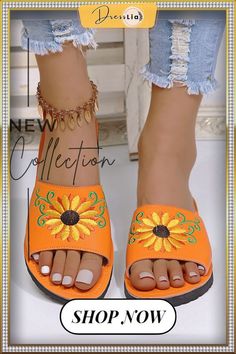 Sunflower Embroidered Print Casual Sandal Slippers Casual Summer Sandals With Flower Shape, Beach Sandals With Floral Print And Flat Sole, Casual Flower-shaped Sandals For Summer, Open Toe Sandals With Floral Print For Beach Season, Floral Print Open Toe Sandals For Beach Season, Casual Flat Sandals With Floral Print, Casual Beach Sandals With Flower Design, Spring Floral Print Flat Sandals, Embroidered Sandals For Summer