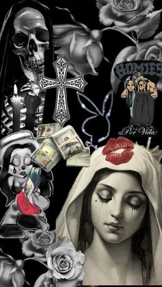 a collage of skulls, roses, and other items in black and white with the image of a woman's face