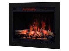 an electric fireplace with logs and flames