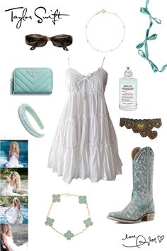 a woman's white dress and accessories including shoes, necklaces, bracelets, sunglasses