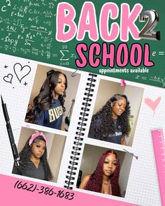 the back to school flyer is shown with pictures of women in different hair colors and styles