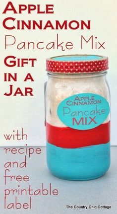 an apple cinnamon pancake mix in a jar with recipe and free printable label