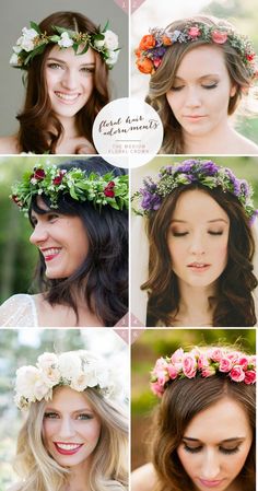 four different pictures of women with flowers in their hair and one woman wearing a flower crown