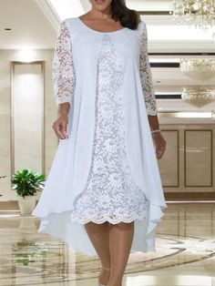 A-line Hi Low Chiffon Lace Long Sleeve Mother of Bride Dress - Princessly Best Plus Size Dresses, Grandma Dress, Fall Wedding Guest Dress, Dress Wedding Guest