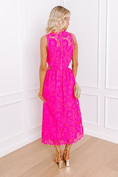 - Step into enchanting elegance with this gorgeous dress! - Floral crochet lace material - A built-in lining beginning above the bust - A crew cut neckline with a zip closure back - A sleeveless cut - Cut out side with elastic details at the waist - A figure flattering silhouette that ends in an uneven midi length hemline Pink Sleeveless Scallop Lace Dress, Pink Sleeveless Lace Dress With Scalloped Lace, Pink Lace Dress With Lace Top, Pink Lace Top Dress, Pink Fitted Dress With Crochet Lace, Fitted Pink Dress With Crochet Lace, Pink Fitted Crochet Lace Dress, Fitted Pink Crochet Lace Dress, Sleeveless Pink Lace Dress With Lace Trim