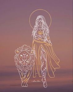 a drawing of a woman and a lion in front of a purple sky at sunset