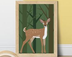 a deer standing in front of a forest with trees and leaves on it's back