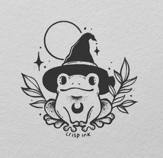 a black and white drawing of a frog wearing a witches hat