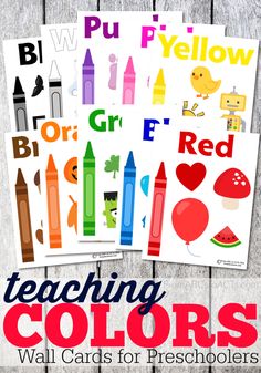 the teaching colors wall cards for preschoolers are shown in three different styles and colors