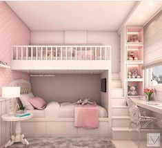 a bedroom with pink walls and white furniture