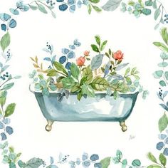 a watercolor painting of a blue tub with flowers and greenery in the corner