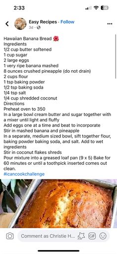 the recipe for banana bread is displayed on an instagramtion page, and it appears to be in english