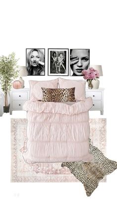 a bedroom with pink bedding and pictures on the wall