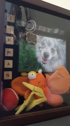 stuffed animals and scrabbles are displayed in a shadow box