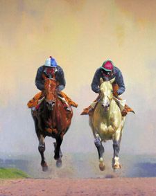 two jockeys on horses racing down a dirt track in front of an orange sky