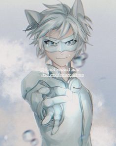 an anime character with white hair and blue eyes, wearing a silver cat suit while standing in front of some clouds