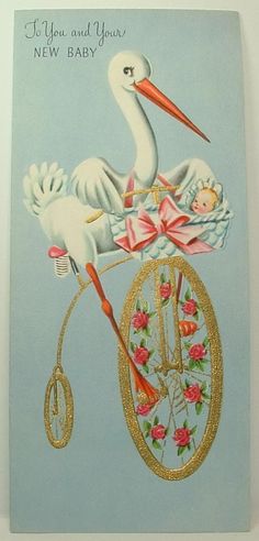 a card with a stork on a bicycle