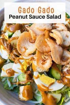 a salad with cucumber, lettuce, and hard boiled eggs in caramel sauce