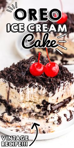 an oreo ice cream cake with cherries on top