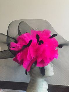 Fuchsia Fascinator- Large Brim- Breeders Cup- Wedding Fascinator- Hot Pink Headpiece- Pink Coque Feather- Cocktail Hat -Costume Party- Derby- Kentucky Derby- Horse Races Hello, Have fun walking into your next party/event wearing this big bright stunning hair accessory. It will definitely be a head turner! This hot pink feather fascinator is about 20 inches round. It has black burn out feathers scattered throughout. It is attached to a skinny adjustable headband that is wrapped in satin and is ve Fitted Pink Fascinator With Feather Trim, Pink Feathered Fascinator For Evening, Pink Feather Trim Mini Hat For Evening, Pink Feathered Headpieces For Evening, Pink Mini Hat With Feather Trim For Evening, Pink Feather Trim Fascinator For Wedding, Pink Feather Trim Hat For Evening, Pink Evening Hat With Feather Trim, Pink Feathered Evening Hat