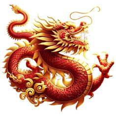 a red and gold dragon is shown on a white background