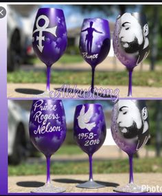 four wine glasses with different designs and names painted on the glass are shown in purple