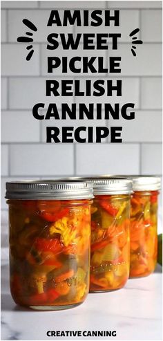 three jars filled with pickle relish sitting on top of a counter next to a white brick wall