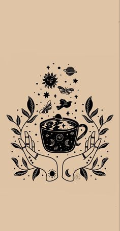 an image of a coffee cup in the middle of two hands with stars above it