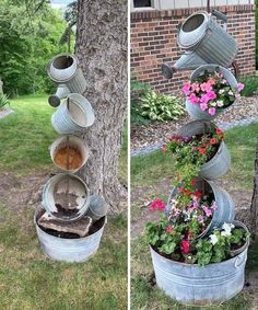 there are three buckets stacked on top of each other with flowers in the bottom