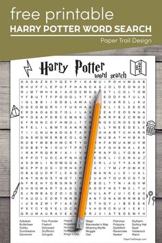 the harry potter word search is shown with a pencil on top of it and an image of