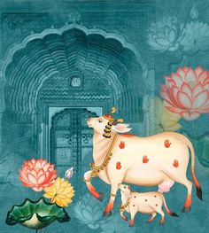 a painting of a cow and her calf in front of a flower garden with water lilies