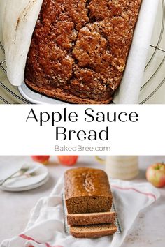 apple sauce bread on a wire rack with apples in the background and text overlay