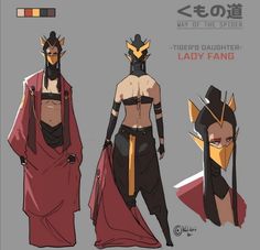 the concept art for lady fangg's costume is shown in three different poses