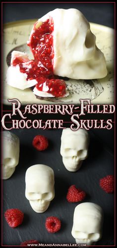 raspberry filled chocolate skulls on a plate