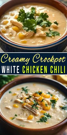 two bowls of creamy crockpot white chicken chili