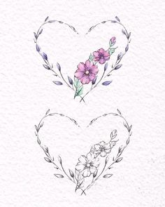 two hearts with flowers in the middle and one heart on each side, both drawn by hand